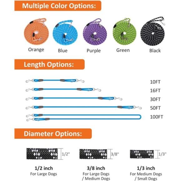 Long Dog Leash for Training 10FT/16FT/20FT/30FT/50FT/100FT, Reflective Tie Out - Picture 3 of 7